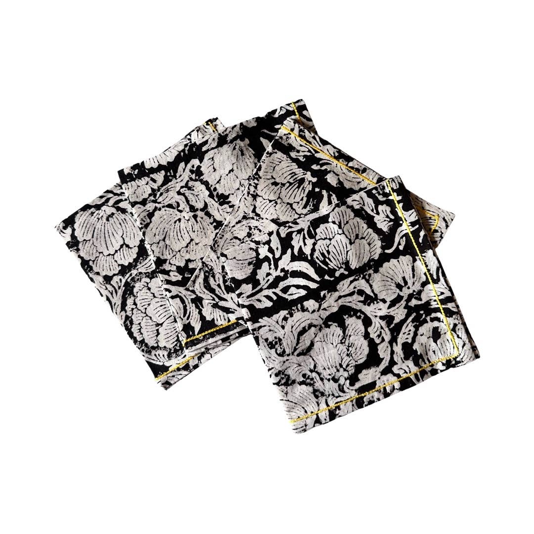 Black Flower Cocktail Napkins Naturally Dyed (Set of 4)