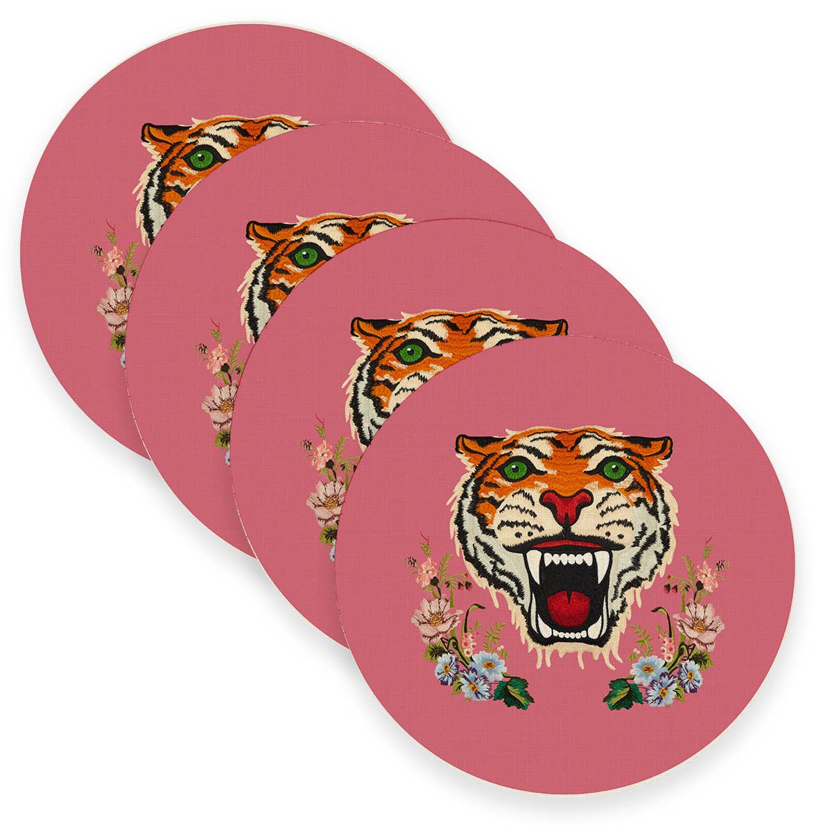 Tiger on Pink Linen Placemats: Round- Set of 4