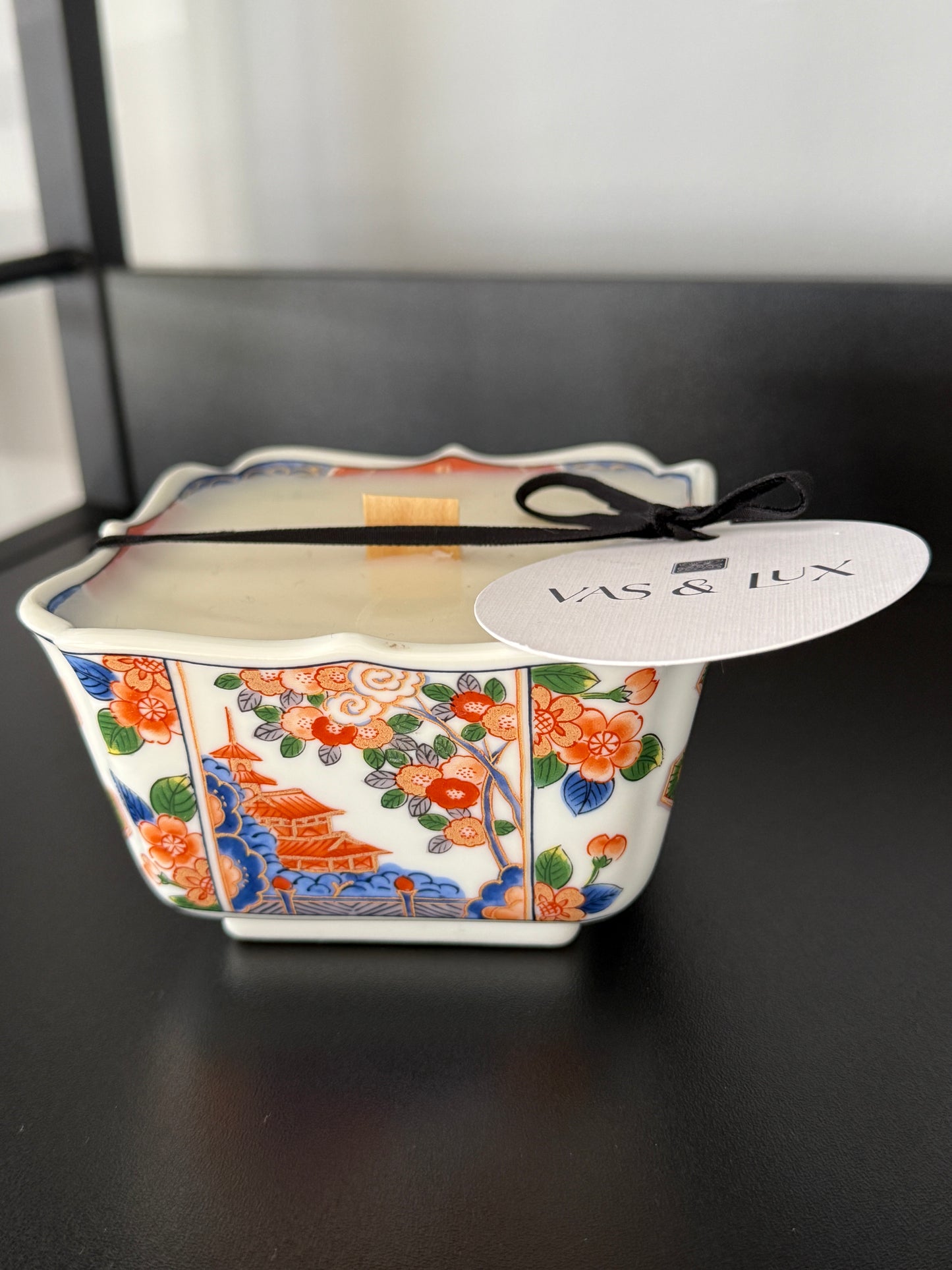 Vas + Lux | Navy and Orange Floral Square Topped Bowl | Honey Bourbon