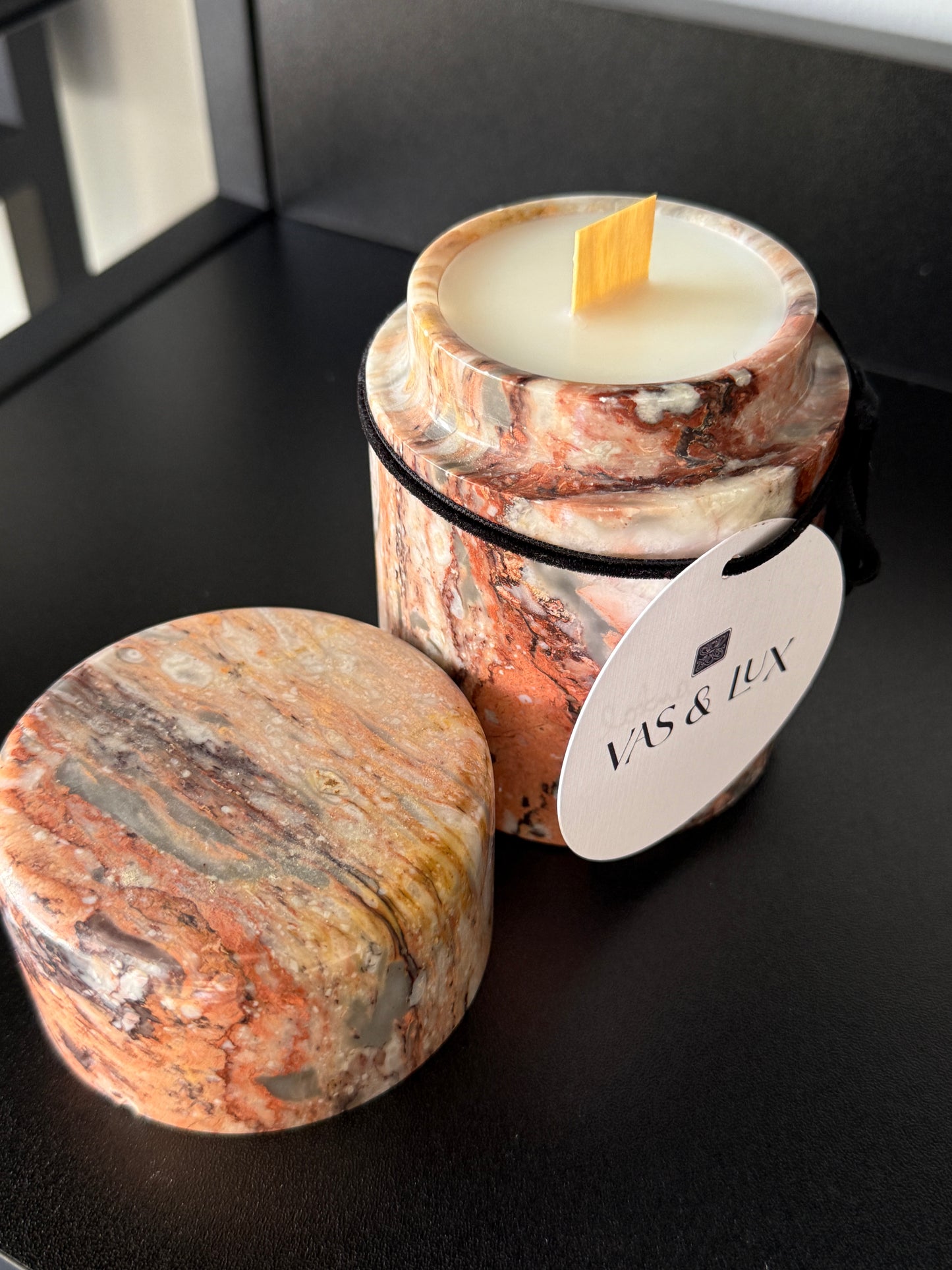 Vas + Lux | Burgundy and Ivory Marble Lidded Cylinder | Palo Santal