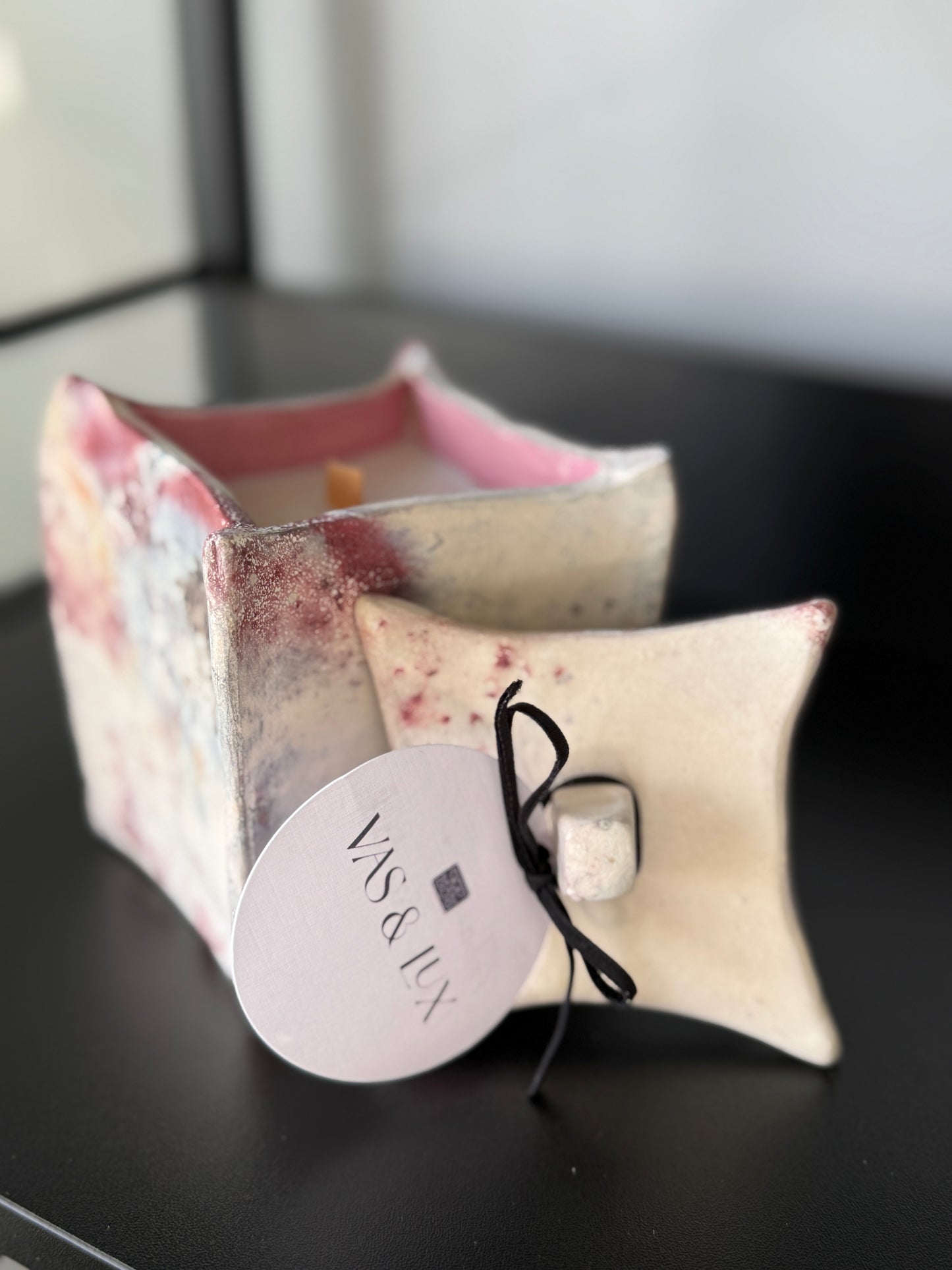 Vas + Lux | Ivory, Blush and Burgundy Splattered Lidded Pottery | Tobacco + White Santal