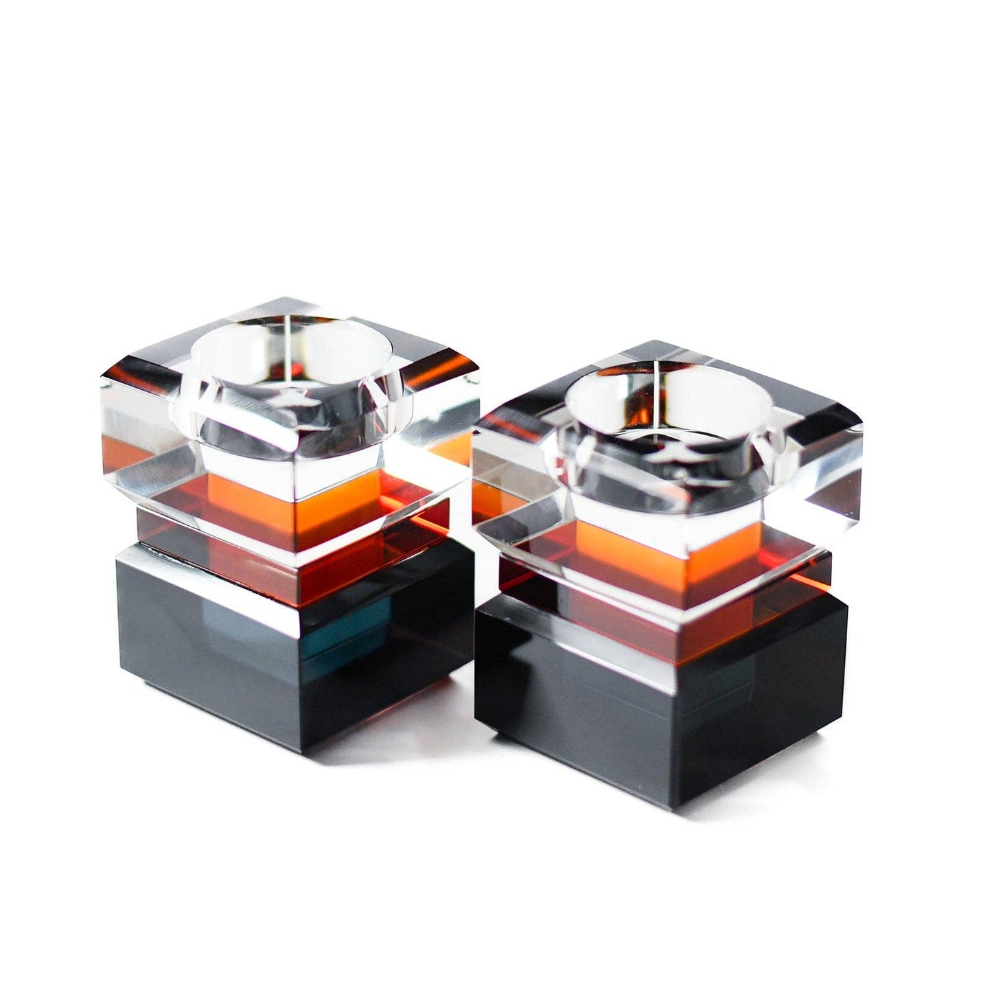Color Block Black/Amber Tealight Holders: Black/ Clear/ Amber