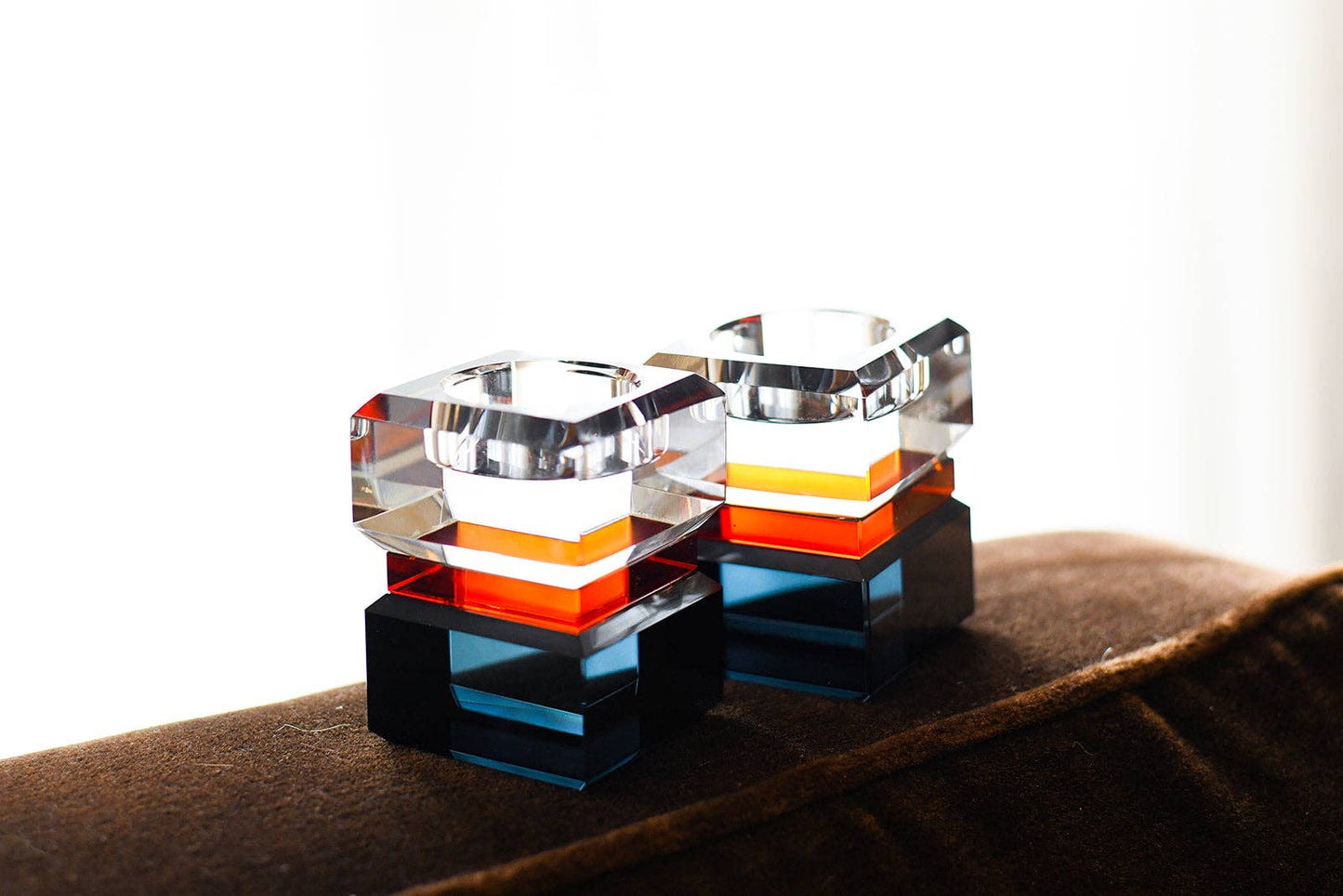 Color Block Black/Amber Tealight Holders: Black/ Clear/ Amber
