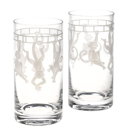 Set of Two Handmade Etched Monkey Bar Highball Glasses